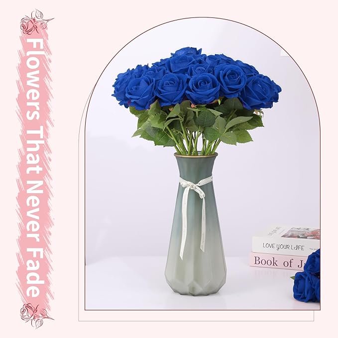 52 PCS Royal Blue Roses, Faux Blue Rose Bouquet, Silk Rose with Stems for Wedding Flowers Decoration, Valentines Day Mothers Day, Wedding Decoration