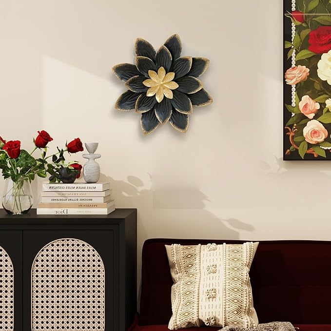 LIFFY 9.2“ Black and Gold Metal Flower Wall Art, Modern Rustic Floral Decor for Indoor Living Room Bedroom Office Outdoor Garden Patio Yard