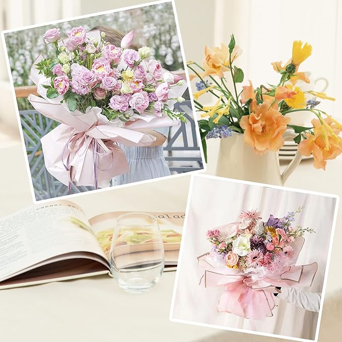 Kosotody 20 Sheets Flower Wrapping Paper Waterproof Florist Bouquet with Ribbon for Bouquets DIY Crafts Packaging Bouquet, 22.8x22.8 inch (Pink)