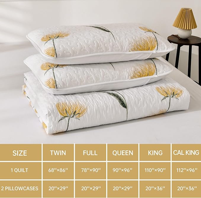 Dinjoy Quilt Set Queen Cute Floral Bedspread Coverlet Yellow Flower Quilts Microfiber Lightweight Summer Bedding Sets Reversible Soft Quilted Bed Cover for All Season(96"x90")