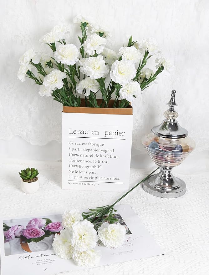 IPOPU White Carnations Artificial Flowers 6PCS 30 Heads Silk Carnations 27.56in Artificial Flowers with Stems for Wedding Home Centerpieces Floral Arrangements(White)