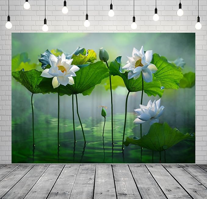 BELECO 10x8ft Fabric Lotus Flower Backdrop Lotus Garden Blooming White Lotus Flowers Pond Background Wall Decor Photo Booth Shoot Studio Props Wallpaper
