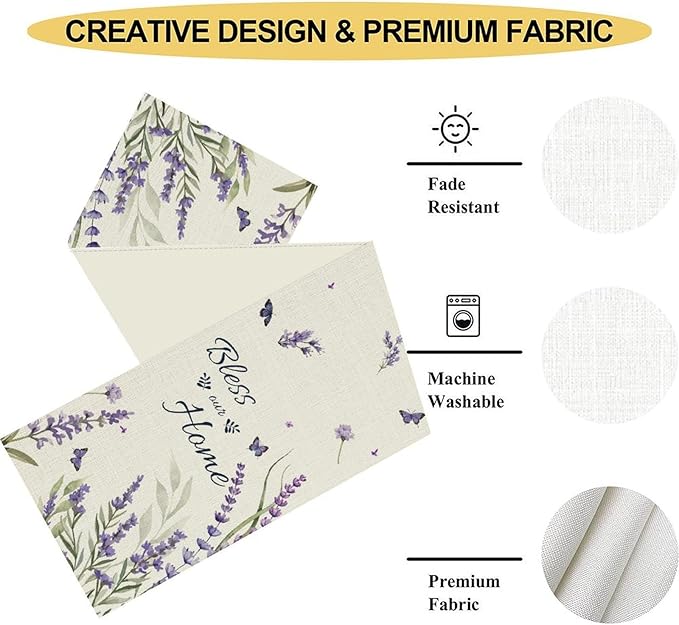 Purple Floral Table Runner, Spring Summer Watercolor Lavender Flower Wildflower Country Farmhouse Coffee Table Center Decor for Home Kitchen Dining Patio Holiday Party Table Decorations 13x36 inches