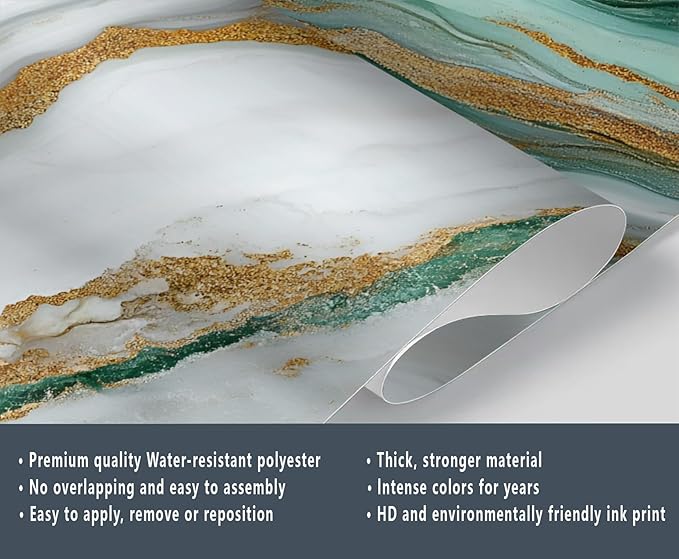 Green Gold Marble Wall Mural, Elegant Marble 3D Wall Murals, Luxury Stone Texture Wallpaper Mural, for Living Room Bedroom Large Wallpaper Indoor Decor 137.8" W x100 H