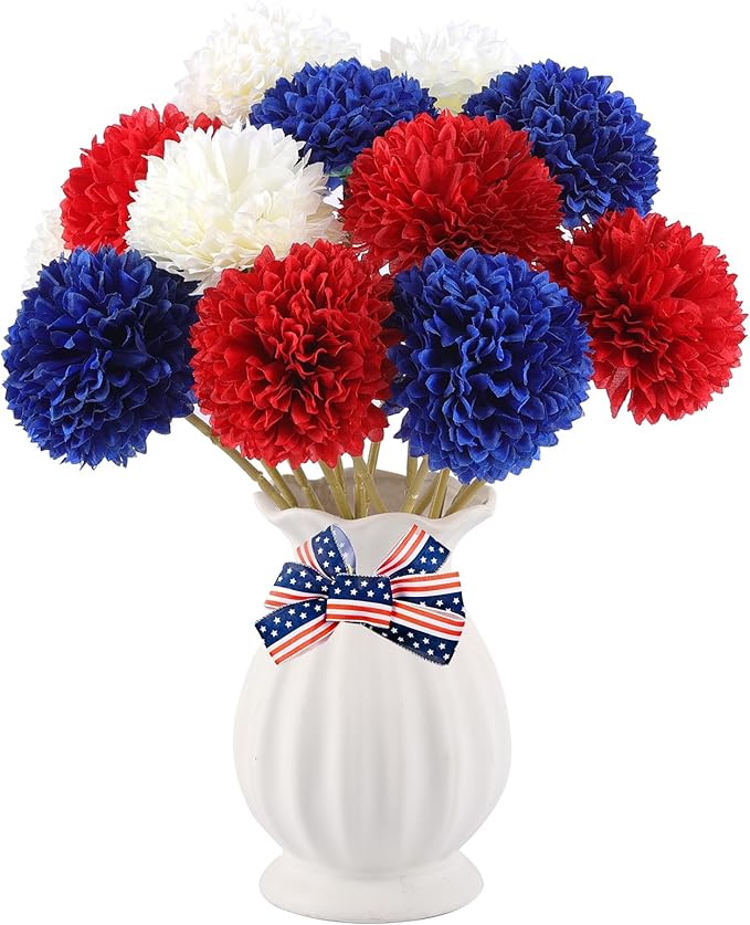 12 Pcs Artificial Chrysanthemums Flowers Patriotic Flowers 4th of July Fake Mums Flowers Silk Red White Blue Flower for Home Decor Indoor Memorial Day Table Centerpiece (12, Red White Blue)