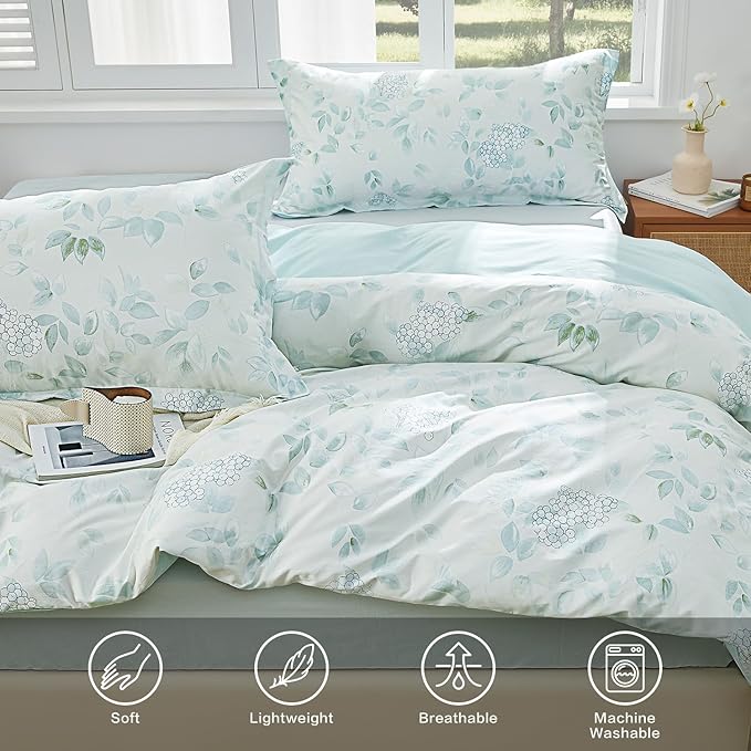 SAPHREAS Agua Blue Botanical Duvet Cover Twin 2pcs Leaves Bedding Comforter Cover Set 100% Cotton Soft 1 Duvet Cover 1 Pillow Sham, Comforter Not Included