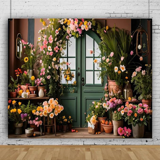 10x8ft Spring Flower Backdrop for Photography Indoor Blooming Flower Arch Wooden Door Floral Photo Background Video Photo Shoot Wedding Portrait Background Studio Photo Booth Props