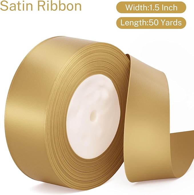 Gold Ribbon 1-1/2 inch Champagne Gold Satin Fabric Ribbon 50 Yards for Crafts Wrapping Flower Bouquet Wedding Party Decoration