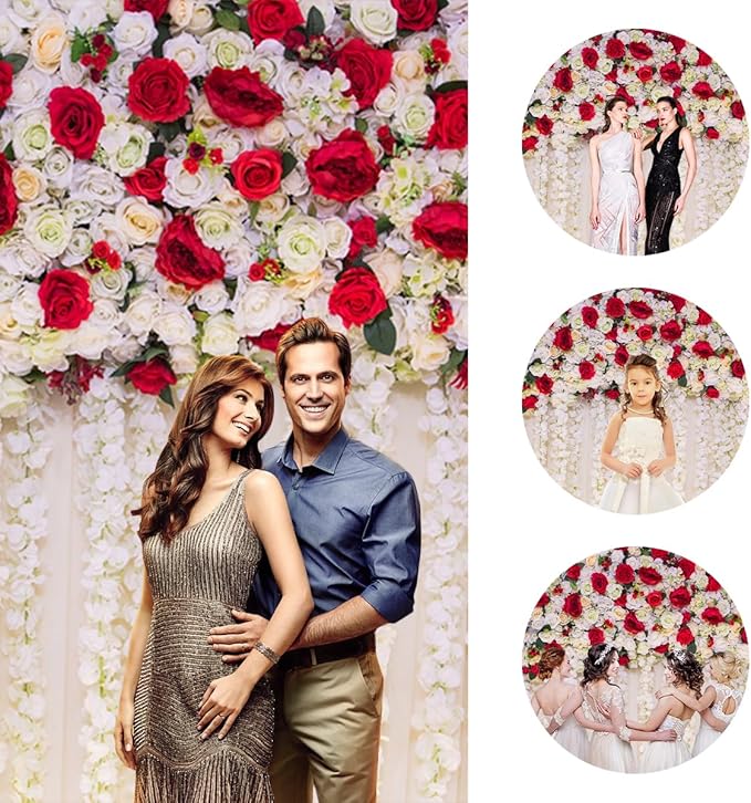 9x6ft Flower Wall Wedding Backdrop White Red Roses Romantic Spring Blooming Floral Photo Background for Valentine's Day Bridal Shower Mothers Day Birthday Newborn Decorations Photo Props