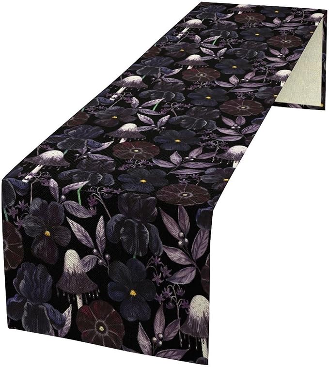 Gothic Floral Table Runner, Watercolor Black Purple Flowers Victorian Luxury Vintage Leaves Plant Table Runner for Home Kitchen Dining Decor Indoor Outdoor Party, 13x70inch
