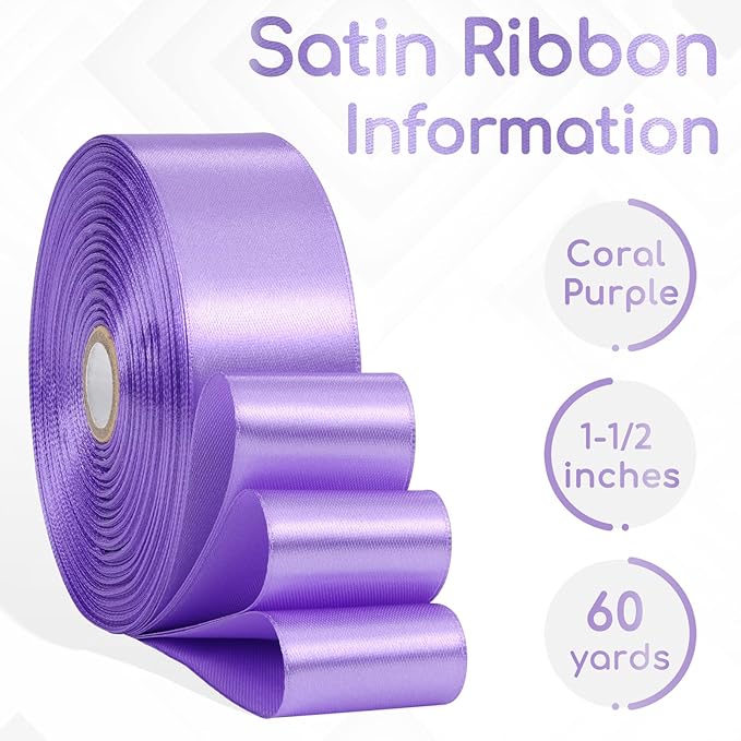 Lavender Satin Ribbon 1-1/2 Inch 60 Yards, Lavender Purple Polyester Fabric Ribbon for Flower Bouquet, Crafts, Gift Wrapping, Baby Shower, Handmade Roses, Wedding