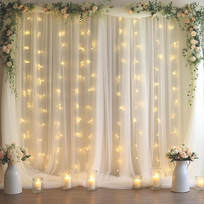 30x8ft White Tulle Backdrop Curtain with Lights String for Parites, Sheer Backdrop Curtains for Wedding Baby Shower Birthday Party Photo Shoot Decorations