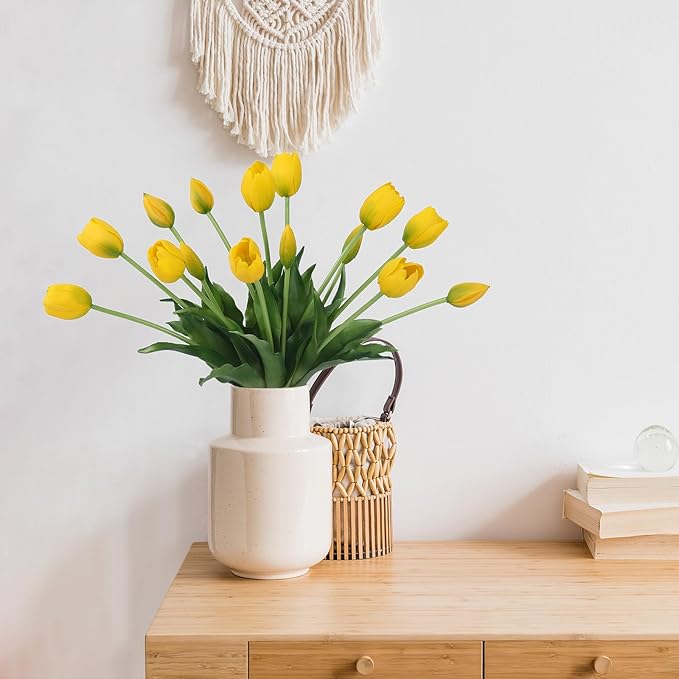 15 Pcs Yellow Artificial Flowers Tulips Real Touch Latex Plastic Soft Faux Bouquets for Party, Wedding, Home, Room, Garden Decor
