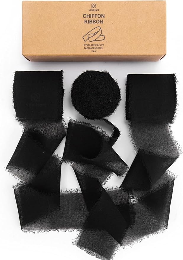 Vitalizart Black Handmade Chiffon Silk Ribbon Fringe 3 Rolls 1.5" x 21 Yd Frayed Edges Ribbons for Wedding Invitations Bridal Bouquets Gifts Wrapping Crafts Holiday Decor