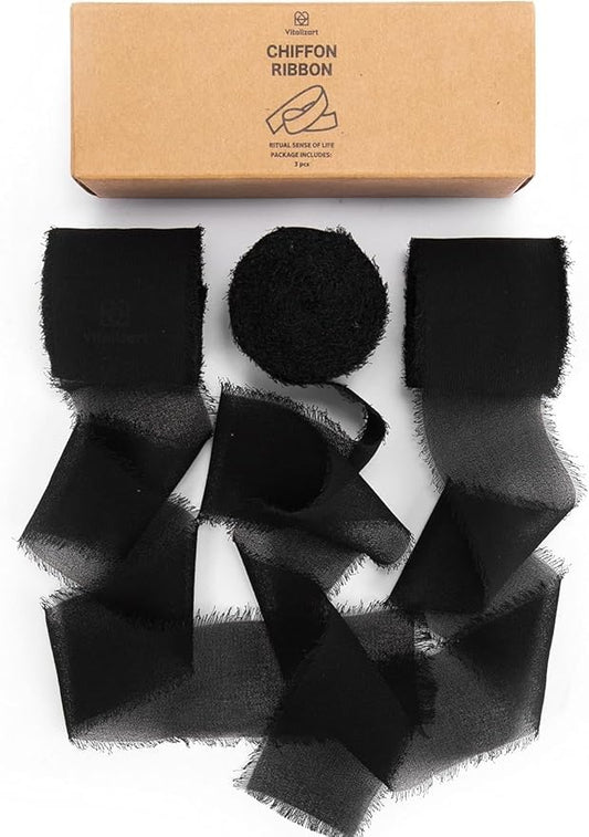 Vitalizart Black Handmade Chiffon Silk Ribbon Fringe 3 Rolls 1.5" x 21 Yd Frayed Edges Ribbons for Wedding Invitations Bridal Bouquets Gifts Wrapping Crafts Holiday Decor