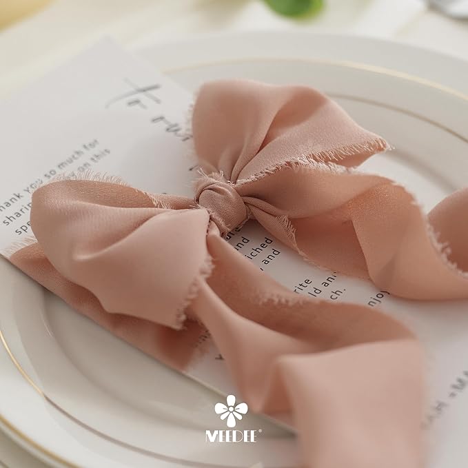 MEEDEE Peach Chiffon Ribbon 3 Inch Frayed Ribbon Orange Chiffon Silk Fringe Ribbons Wide Chiffon Ribbons for Crafts, Flower Bouquet, Wedding Favors Wrapping (2 Rolls 10 Yards)