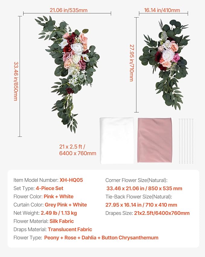 VEVOR Artificial Wedding Arch Flowers Kit, Pink Wedding Arch Flowers with Drapes Kit- 2 Pcs Floral Arrangement, 2 Pcs Sheer Drapes, for Ceremony Bouquets Reception Backdrop Decoration（No include wood）