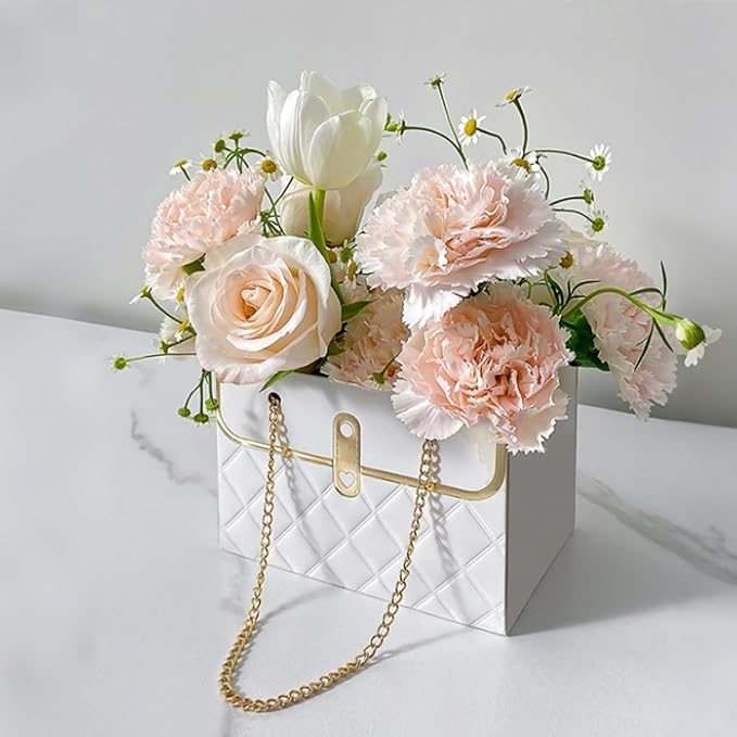 Jemattely 4 Pcs Flower Paper Gift Box,Large Waterproof Bouquet Storage Bucket Florist Handbag with Metal Chain Flower Boxes for Wedding Mother's Day Birthday Bridal Etc Shower Gift Wrap Craft-White