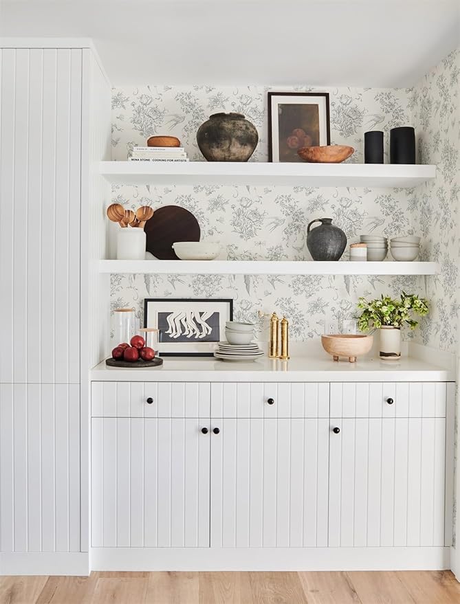 Cream White and Gray Peel and Stick Wallpaper Vintage Floral Contact Paper 16.9"x118.1" Floral Birds Self Adhesive Removable Wallpaper Grey Flowers Decorative Wall Paper for Bathroom Cabinets