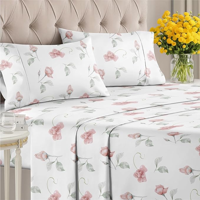 Floral Sheets - Floral Rose Bed Sheet Set - 1 Flat, 1 Fitted & 2 Pillowcases w/ Deep Pockets -Comfy, Wrinkle & Fade Free - Boho Botanical Bedding - Soft, Breathable and Cooling - Cal King Size Set