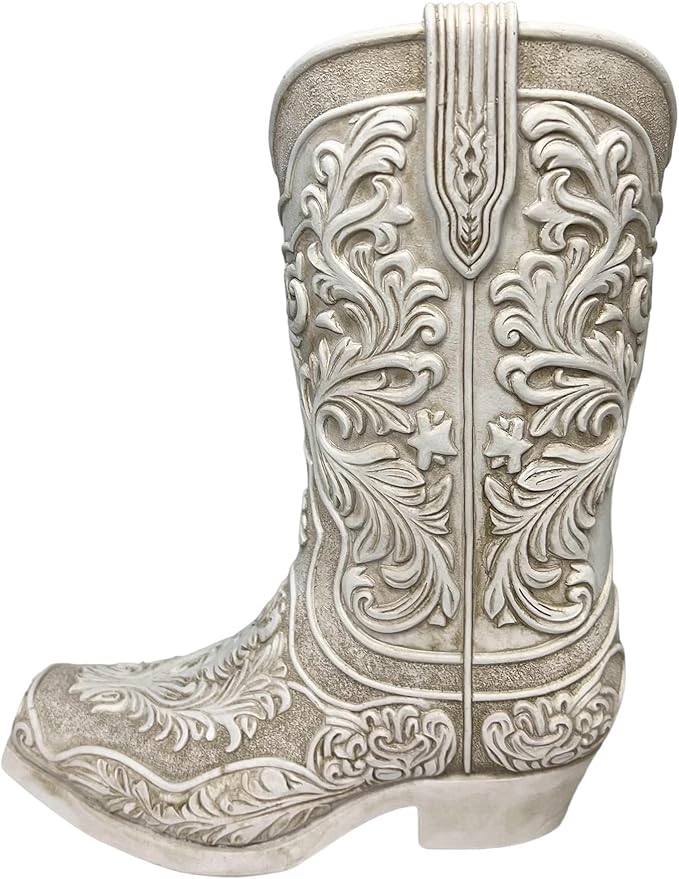 Cowgirl Boot Flower Vase – 9” Tall Antique White Finish with Intricate Tooled Leather Detailing - Decorative Western Cowboy Modern Rustic Decor