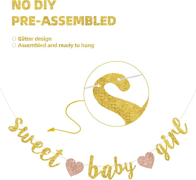 BEISHIDA Gold Glitter Girl Baby Banner,NO DIY, Pre-Strung Baby Gender Party Banner For Girls, Girl Shower Decorations,First Birthday Sweet party supplies