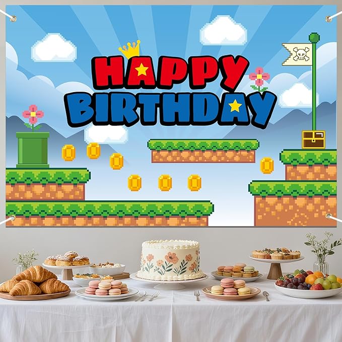 Cartoon Happy Birthday Backdrop, 150 * 100cm/5 * 3ft Video Game Themed Birthday Banner Cute Wall Hanging Decoration for Party Celebration Supplies