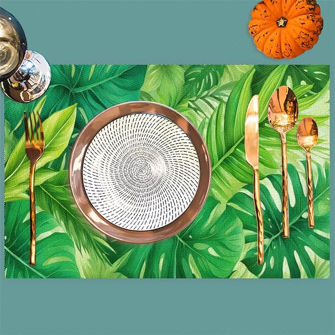 Green Summer Palm Leaf Placemats Set of 6 PVC Vinyl Non Slip Table Mats Waterproof Heat Resistant Place Mats Washable Wipeable Dining Table Mat for Kitchen Party Indoor Outdoor Decorative