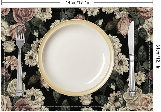 Floral Placemats Set of 4, 17x12 Inch Vintage White Pink Rose Flower Spring Plant Boho Art Print Table Mats for Home Party Kitchen Dining Decor