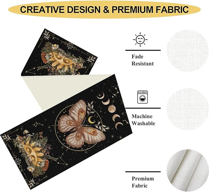 Gothic Moth Table Runner, Boho Gothic Sun Moon Phase Wildflower Mystical Witchy Farmhouse Coffee Table Center Decor for Home Kitchen Dining Patio Holiday Party Table Decorations 13x90 inches