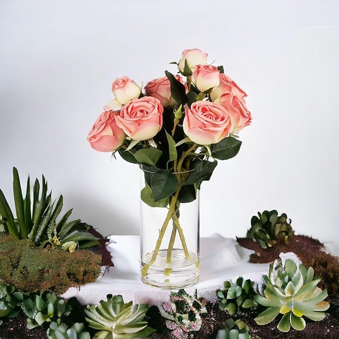 ENOVA FLORAL 9 Heads Silk Rose Artificial Flowers in Vase,Faux Rose Flowers Arrangement in Vase with Faux Water for Table Decor Centerpieces (Dark Pink)