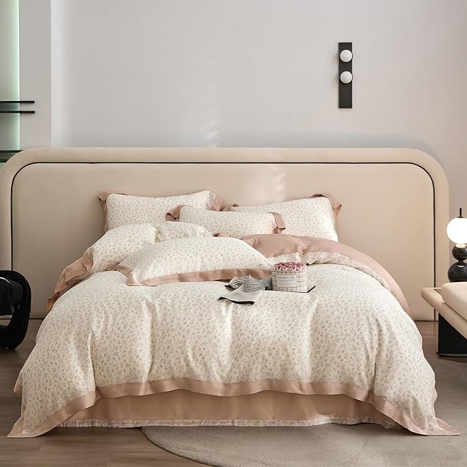 VM VOUGEMARKET Blush Pink Duvet Cover Twin Cooling Lyocell Teen Girls Flower Leaves Duvet Cover with Zipper Closure Romantic Ruffle Bedding Sets,Twin 68x86 Inch