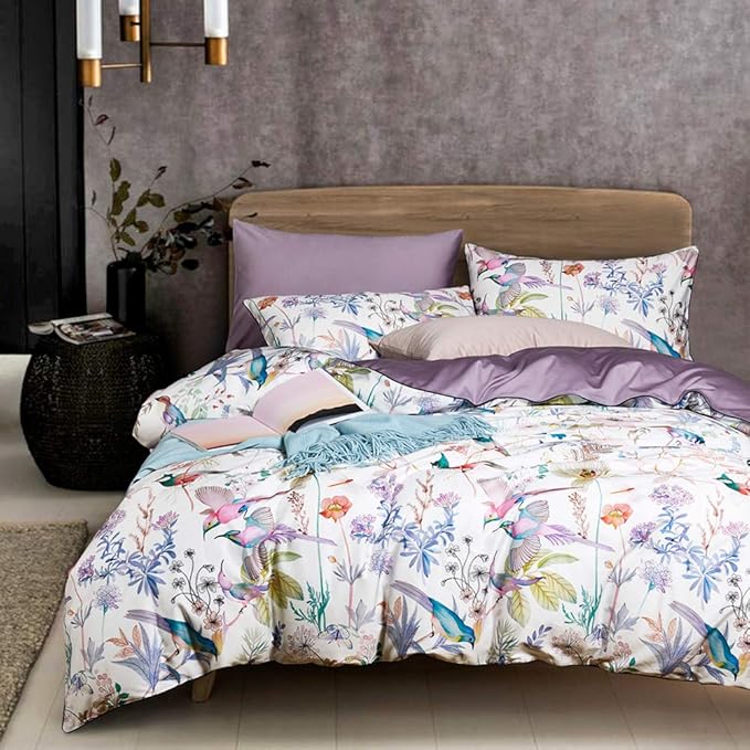VM VOUGEMARKET Multi Color King Duvet Cover Set with Floral Bird Pattern,White Purple Bedding Set,Lightweight Elegant Botanical Duvet Cover for Girls