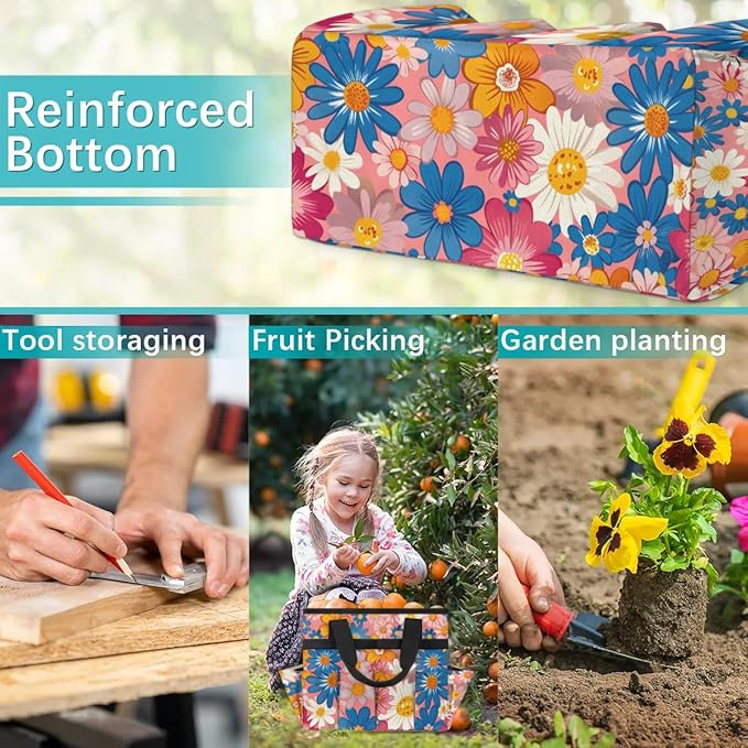 Garden Tool Bag Organizer Garden Tote Bag with Pockets Small Print Flowers Tool Storage Organizer Gardening Tool Kit Holder 13" x 6.8" x 2.8"