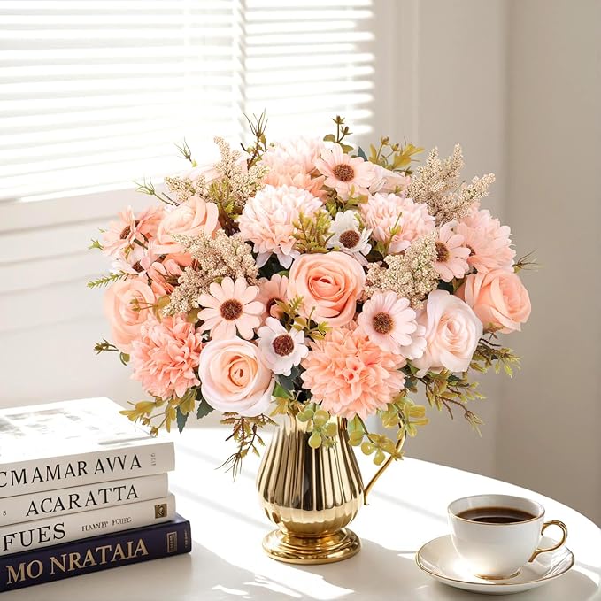 Dremisland Artificial Flowers Like Real Artificial Bouquet 2 Packs Silk Artificial Roses Bouquet with Daisy Chrysanthemum Champagne Flowers for Centerpiece Table Wedding Party Home Decor
