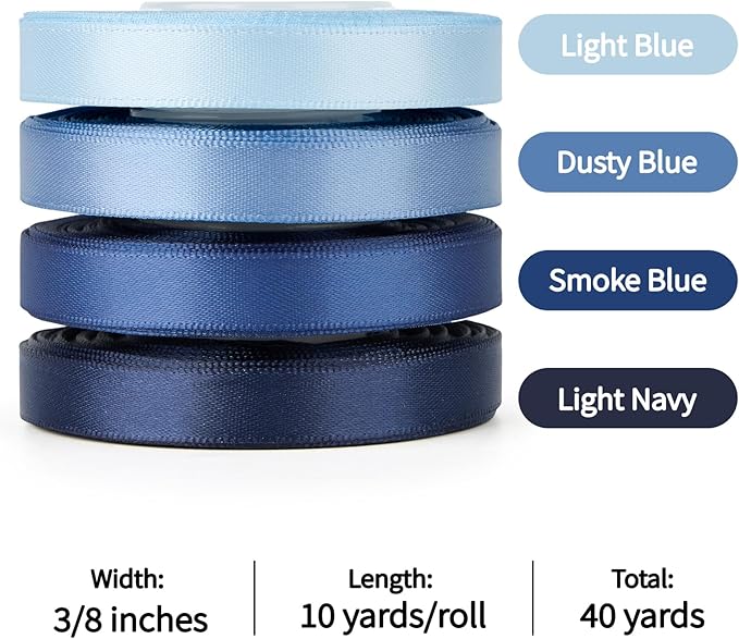 3/8 Inch Dusty Blue Satin Ribbon, 4 Rolls Total 40 Yards, Double Faced Mixed Blue Thin Fabric Ribbon for Gift Wrapping, Flower Bouquets, Crafts, Wedding Decorations