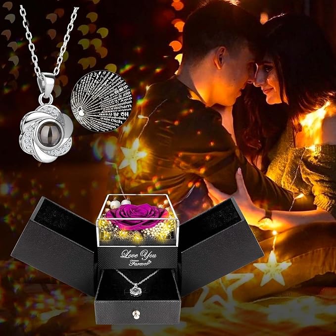 Preserved Purple Real Rose-Eternal Flowers Rose Gifts for Mom Grandma Wife Girlfriend on Mothers Day Birthday Valentines Christmas Anniversary Romantic Gifts for Her with I Love You Necklace