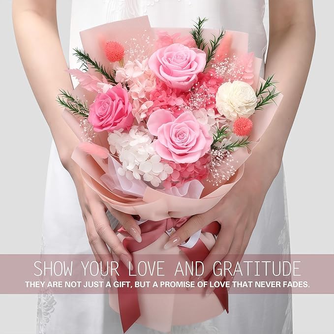 Preserved Flowers for Delivery, Pink Flower Bouquets with Necklace, Forever Real Roses Anniversary Birthday Gifts for Women Mom Wife Girlfriend, Fresh Flowers for Valentines Day Christmas