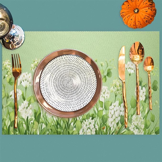 PVC Placemats Set of 1 Sage Green Flower Wipeable Table Mats Washable Heat Resistant Non Slip Vinyl Dining Table Mat for Kithen Indoor Outdoor Patio Farmhouse Place Mats Decorative