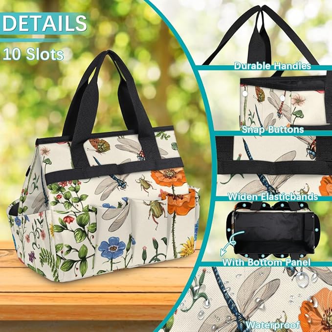 Garden Tool Tote Bag for Women Men Flower Butterfly Dragonfly Gardening Tool Storage Bags with 10 Pockets Standable Garden Home Tool Kits Organizer for Indoor Outdoor Gardening Gifts