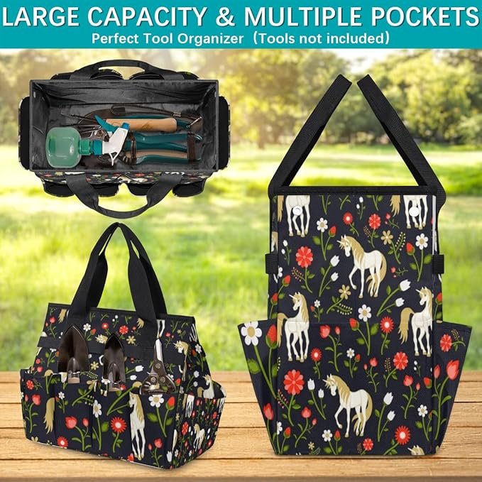 Garden Tool Tote Bag for Women Men Cartoon Horse Flowers Gardening Tool Storage Bags with 10 Pockets Standable Garden Home Tool Kits Organizer for Indoor Outdoor Gardening Gifts