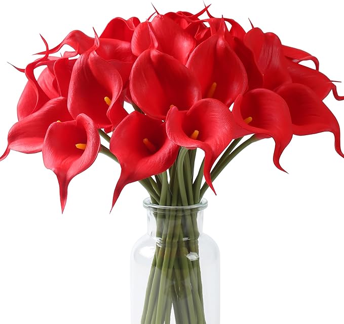 SITUMEIZI 24 PCS Red Fake Flowers Artificial Calla Lily Silk Flowers Real Touch for Mother's Day Easter Home Kitchen Decor Wedding Bouquet Office Spring Decoration