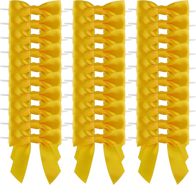 7Rainbows 30pcs Boutique 2.5" Yellow Gold Satin Ribbon Twist Tie Bows for Tying Up Packages Gift Wrapping
