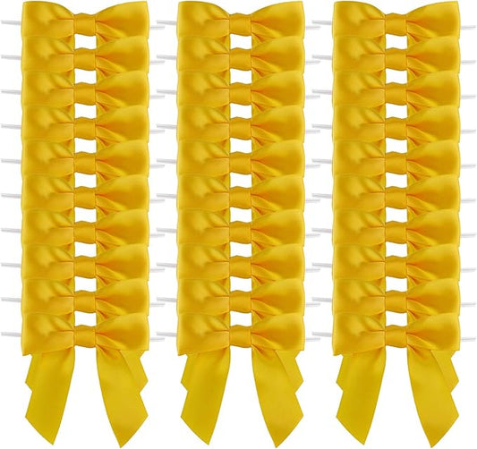 7Rainbows 30pcs Boutique 2.5" Yellow Gold Satin Ribbon Twist Tie Bows for Tying Up Packages Gift Wrapping