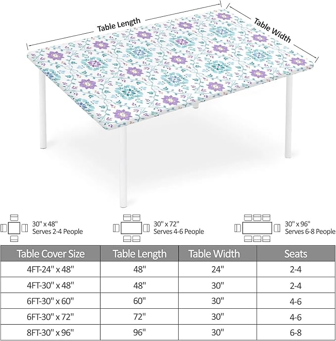 Rectangle Table Cloth Cover Waterproof Elastic Fitted Polyester Fitted Tablecloths for 6 Foot Tables for Indoor,Picnic, Camping, Outdoor （60" x 30"，Geometric Flowers）