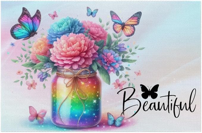 PVC Placemats Set of 1 Rainbow Flower Butterfly Wipeable Table Mats Washable Heat Resistant Non Slip Vinyl Dining Table Mat for Kithen Indoor Outdoor Patio Farmhouse Place Mats Decorative