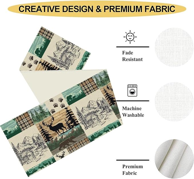 Rustic Cabin Table Runner, Farmhouse Deer Bear Retro Pine Forest Wooden Plank Wild Animal Seasonal Coffee Table Center Decor for Home Kitchen Dining Patio Holiday Party Table Decorations 13x36 inches