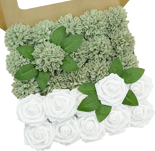 Artificial Flowers, 100pcs Sage Green Artificial Rose for DIY Wedding Bouquets Centerpieces Arrangements, Sage Green and White Dahlia Flowers with Stem for Bridal Shower Party Home Decorations