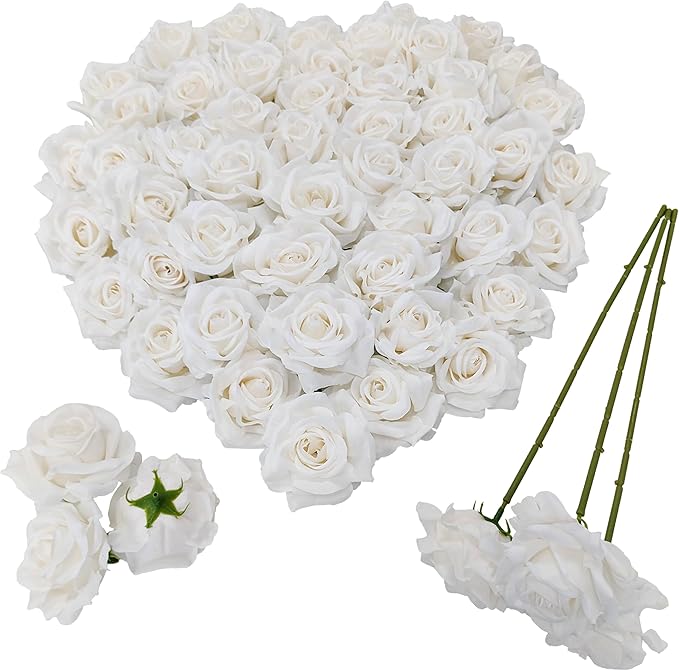 Artificial Satin Rose Flower Heads,48 Pcs Silk Rose Heads with Stems,3.3'' Rose Artificial Flowers Bulk,Artificial Rose Flower Heads for DIY Crafts Bouquet (48, White)