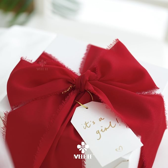 MEEDEE Red Chiffon Ribbon 3 Inch Frayed Ribbon Chiffon Silk Red Fringe Ribbons Wide Chiffon Ribbons for Crafts, Flower Bouquet, Wedding Favors Wrapping (2 Rolls 10 Yards)